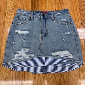 Signature8 Blue Distressed Denim Mini Skirt with Striped Hem
